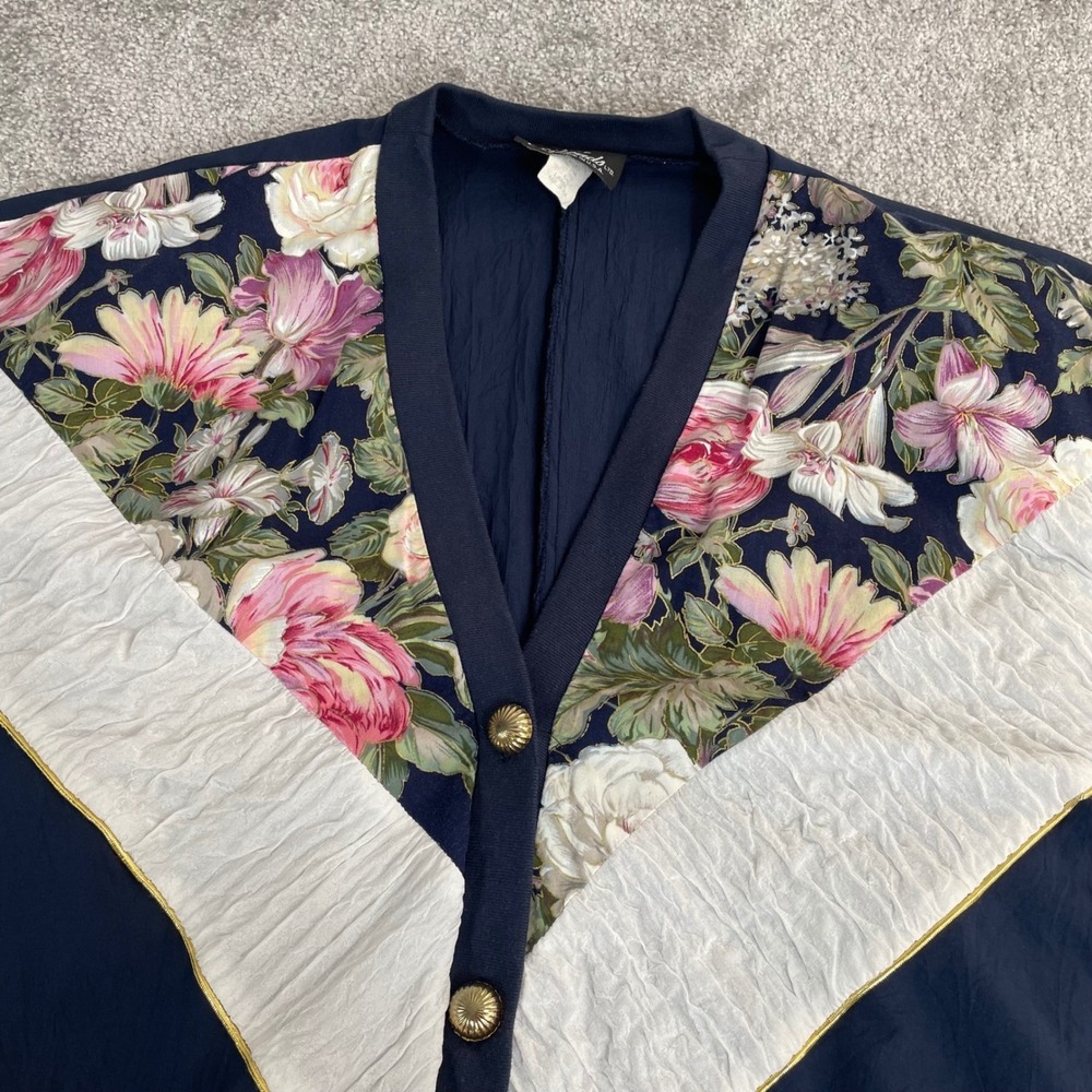 Vintage Grandma Cardigan Sweater Womens Large Floral 80s 90s USA Silver Threads‎